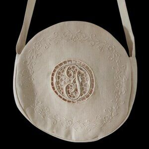 1940s Vintage Tesoro's Philippine Round Linen Handbag w/F Initial